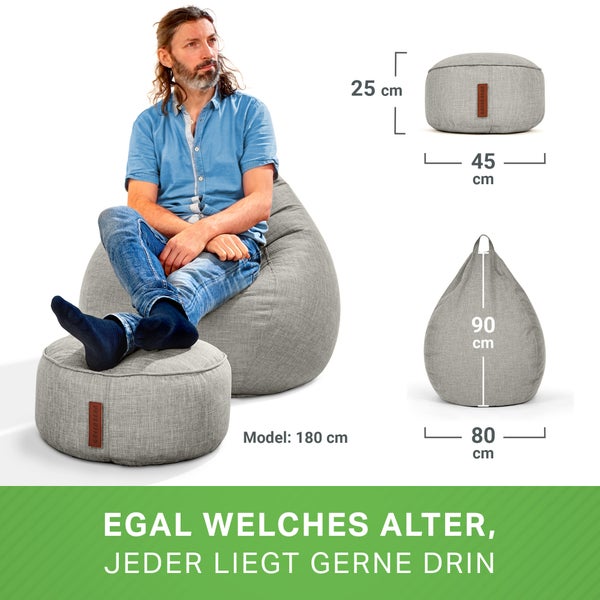 Green Bean 2er Set Indoor Sitzsack + Hocker mit EPS-Perlen Füllung - Fußhocker Fußkissen Sitz-Pouf Bodenkissen Liegekissen Sitzkissen Lounge Chair Sitzhocker Relax-Sessel Bean Bag Silber Grau