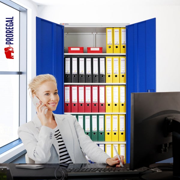 Organisiertes, helles Büro mit einer Person am Schreibtisch und einem offenen Metallschrank mit Ordnern. Proregal Logo.