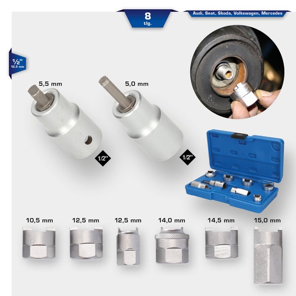 Achtteiliger Werkzeugsatz für Audi, Seat, Skoda, Volkswagen und Mercedes mit verschiedenen Steckschlüsseleinsätzen in einem blauen Koffer.