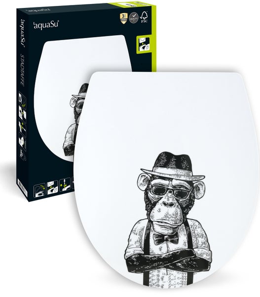 aquaSu® WC-Sitz mit Absenkautomatik, lustiges Dekor Stadtaffe, abnehmbar, antibakterieller Duroplast Toilettendeckel, Top-Fix Befestigung von oben, Standard O Form, Toilettensitz witzig, 406963