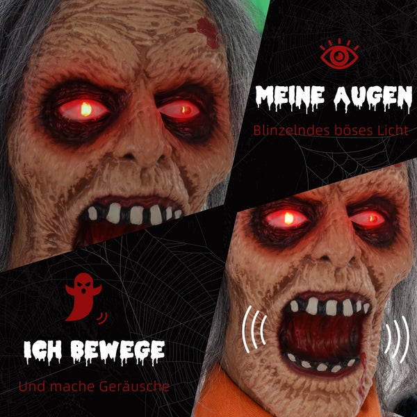 HOMCOM 85cm Halloween Dekoration Gruseliger Sprechender Gefangener mit LED-Lichter, Soundfunktion, Haustür Deko mit verstellbare Arme, Garten Dekofigur für Party, Orange