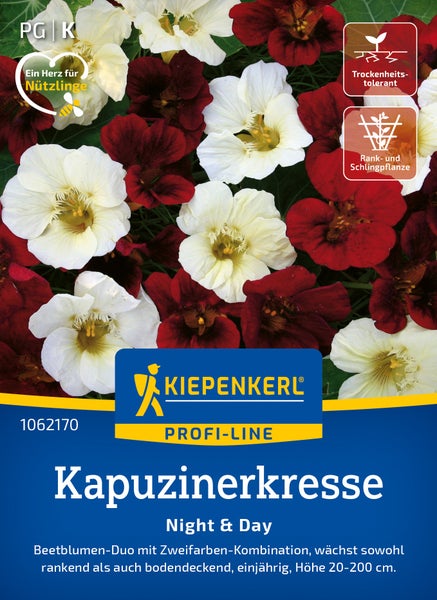 Kiepenkerl Saatgut Kapuzinerkresse Night and Day, einjährige Kletterpflanze für Beete, bienenfreundlich und trockenheitstolerant.