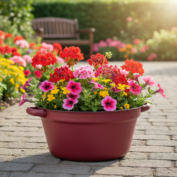 Bunt bepflanzter runder Blumentopf mit roten Geranien, rosa Petunien und gelben Blüten auf einem gepflasterten Gartenweg vor einer Holzbank.