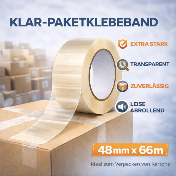 Transparentes Paketklebeband auf einem Karton, extra stark, leise abrollend, Maße 48 Millimeter mal 66 Meter.