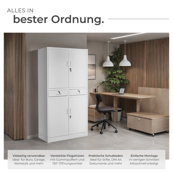 Büro mit weißem Flügeltürenschrank mit Schubladen und abschließbaren Türen
