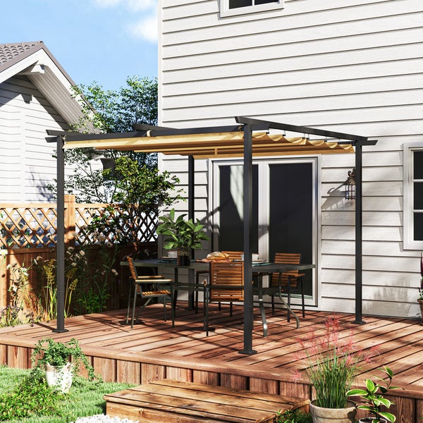 Outsunny Pergola 3x3m Garten Pavillon Terrassendachung aus Metall, Gartenpavillon mit Verstellbares Sonnendach, UV Schutz 30+ Freistehender Sonnenschutz für Terrasse und Garten, Beige
