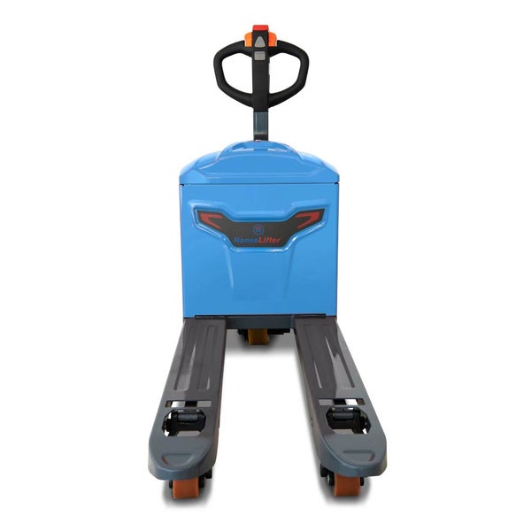 Elektro-Hubwagen HanseLifter mit ergonomischem Deichselkopf und zwei Gabelzinken.