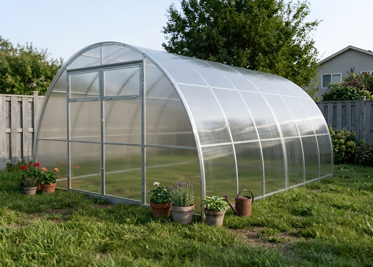Ein bogenförmiges Gewächshaus aus Polycarbonat mit Metallrahmen im Garten mit Topfpflanzen davor.