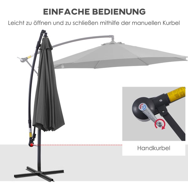 Outsunny Sonnenschirm Ampelschirm Kurbelschirm mit Handkurbel Rund, Stahlbogenstäbe und Stahl-Stehstäbe, Polyestergewebe, Grau, Ø2,95 x 2,45H m