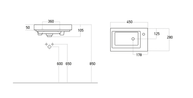 Technische Zeichnung eines Waschbeckens mit Maßangaben