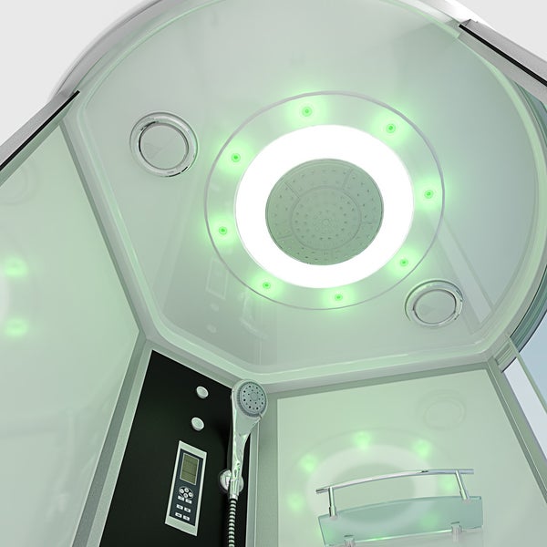 Innenansicht einer Duschkabine mit integrierter Deckenbrause, LED-Beleuchtung, Lautsprechern, Handbrause, Glasablage und digitalem Bedienfeld.