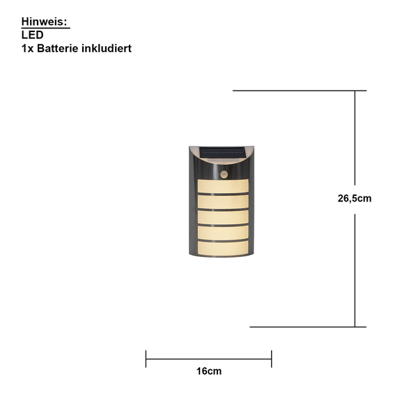 Abmessungen einer LED Solar Wandleuchte mit 26,5 cm Höhe und 16 cm Breite