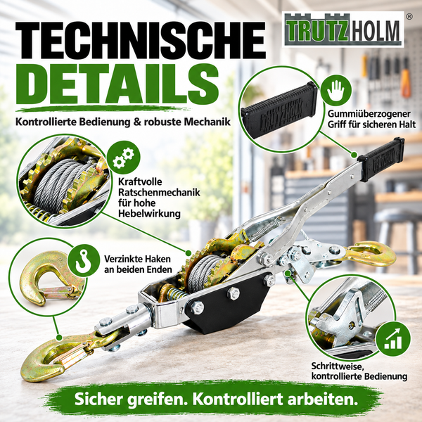 Trutzholm Seilzug mit Ratschenmechanik, gummiertem Griff und verzinkten Haken für kontrollierte Hebelkraft und sichere Bedienung.