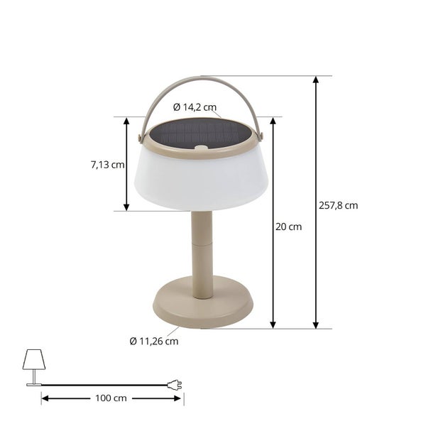 Solar-LED-Tischleuchte mit Tragegriff. Maße: Höhe 20 Zentimeter, Gesamthöhe 257,8 Zentimeter, Durchmesser 14,2 Zentimeter.