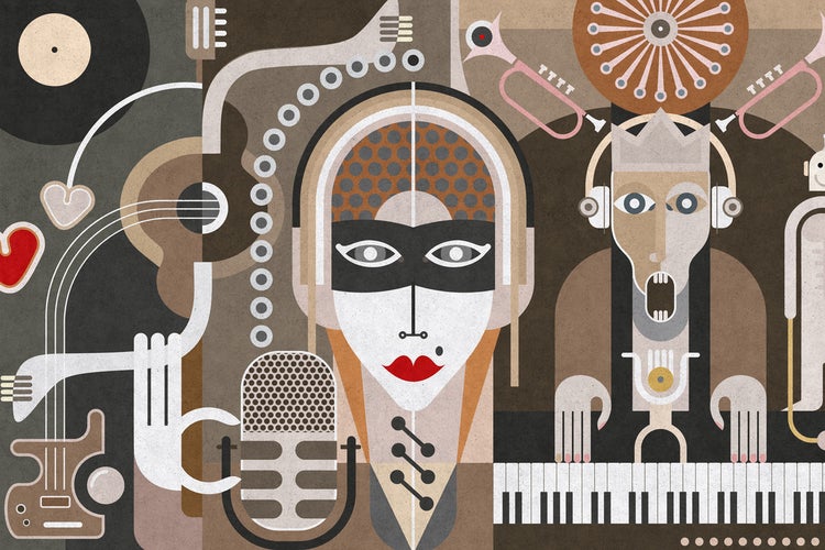 Abstrakte Illustration mit Musikinstrumenten und Figuren