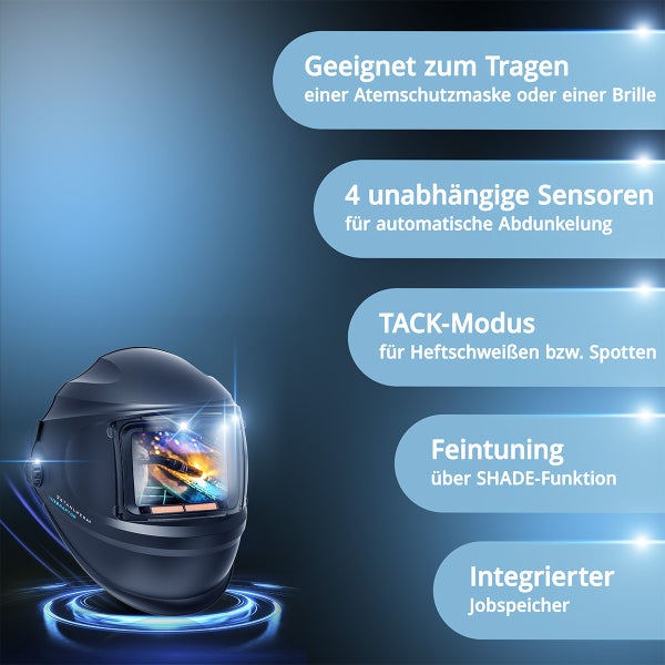 Stahlwerk Automatik Schweißhelm Raptor mit vier Sensoren, TACK Modus, Shade Funktion und Jobspeicher.