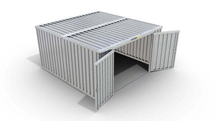 Lagercontainer Gerätehaus XL2  – 21 qm, H2115 x B5080 x T4340 mm, verzinkt, ohne Fußboden, 2750 mm Doppelflügeltür mittig in Stirnseite, zerlegt