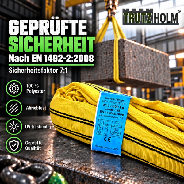 Trutz Holm Rundschlinge aus Polyester mit 3000 Kilogramm Tragfähigkeit und 3 Meter Länge für Hebeanwendungen gemäß Norm EN 1492 2