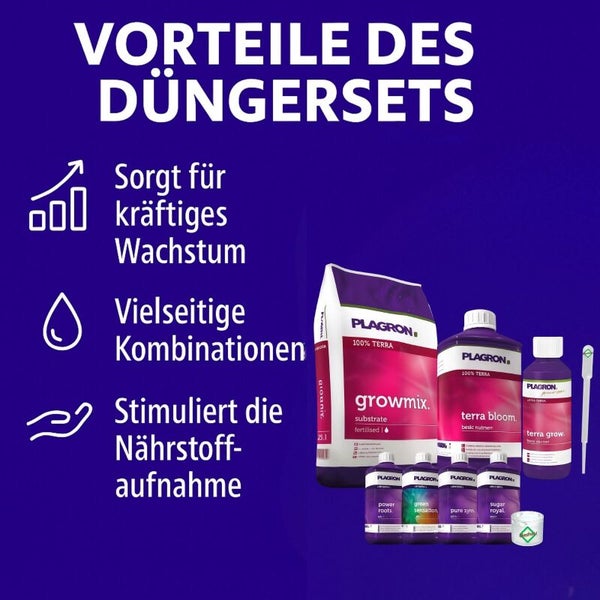 Vorteile des Plagron Düngersets: Fördert kräftiges Wachstum, bietet vielseitige Kombinationen und stimuliert die Nährstoffaufnahme.