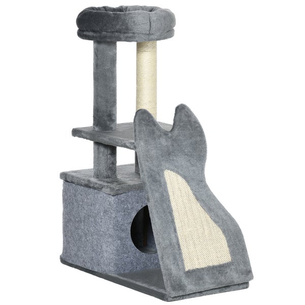PawHut Kratzbaum 83 cm Katzenbaum mit Kratzbrett und Katzenhöhle Kletterbaum mit Sisal-Kratzbrett Spielball und Rampe Plüsch Grau+Cremeweiß
