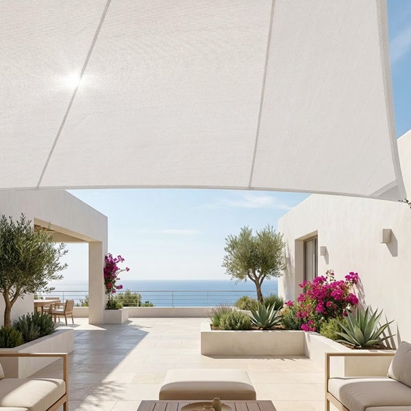 Großes helles Sonnensegel gespannt über einer modernen hellen Terrasse mit Blick auf das Meer und mediterranen Pflanzen.