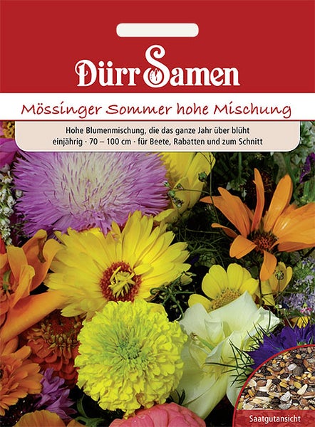 Samentüte Dürr Samen Mössinger Sommer hohe Mischung, einjährig, Wuchshöhe circa 70 bis 100 Zentimeter, Dürr Samen Logo.