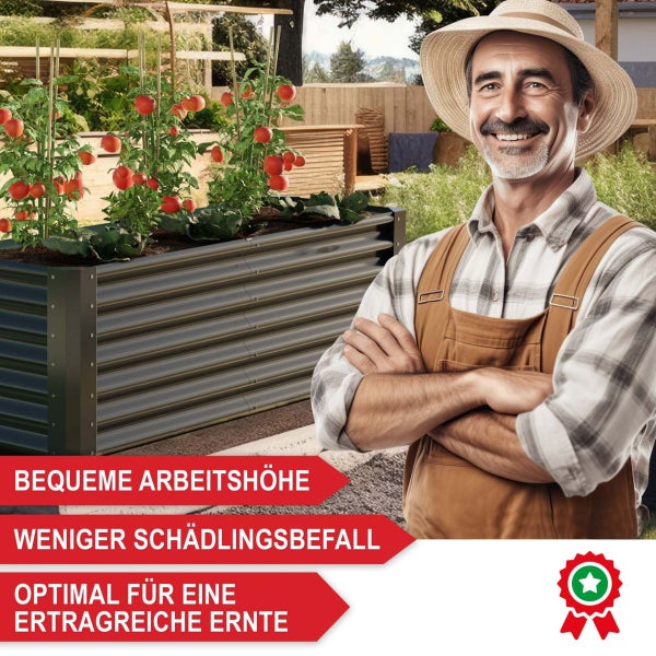 Gärtner am Metall-Hochbeet mit Tomaten. Text: bequeme Arbeitshöhe, weniger Schädlinge, hoher Ertrag. Qualitätssiegel abgebildet.