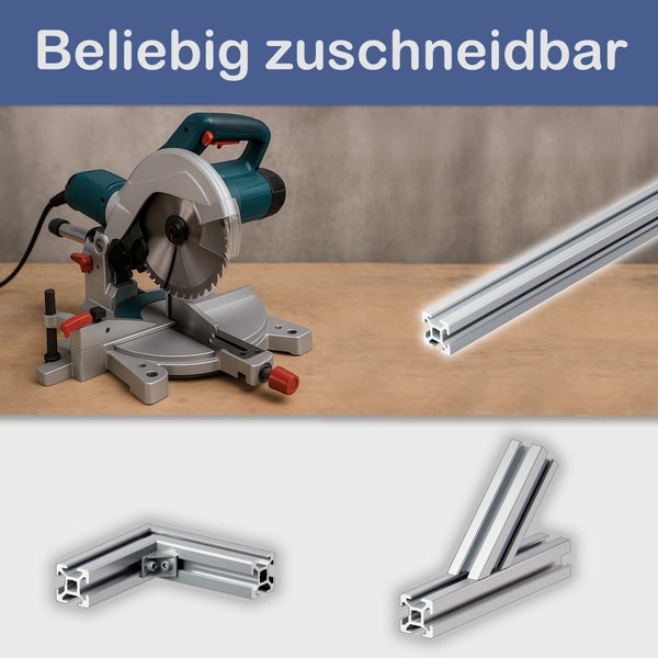 Gehrungssäge und Aluminiumprofil, beliebig zuschneidbar