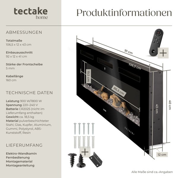 Produktinformationen Elektro Wandkamin mit Fernbedienung, Montagematerial und Montageanleitung