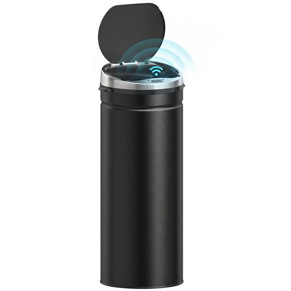 Schwarzer zylindrischer Sensor-Abfalleimer mit geöffnetem Deckel und Sensor-Symbol.