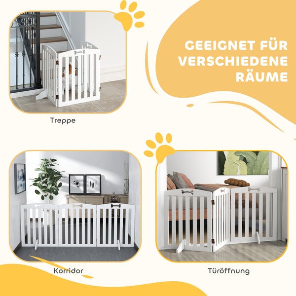 PawHut Absperrgitter Hund 3-teilig, 155 x 61 cm Faltbar Türschutzgitter mit 2 Stützfüßen, Freistehend Hundegitter, Treppengitter für mittelgroße Hunde, für Flur, Treppe, Weiß