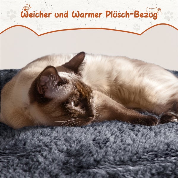 Eine Siamkatze liegt auf einem Katzenbett mit Plüschbezug.