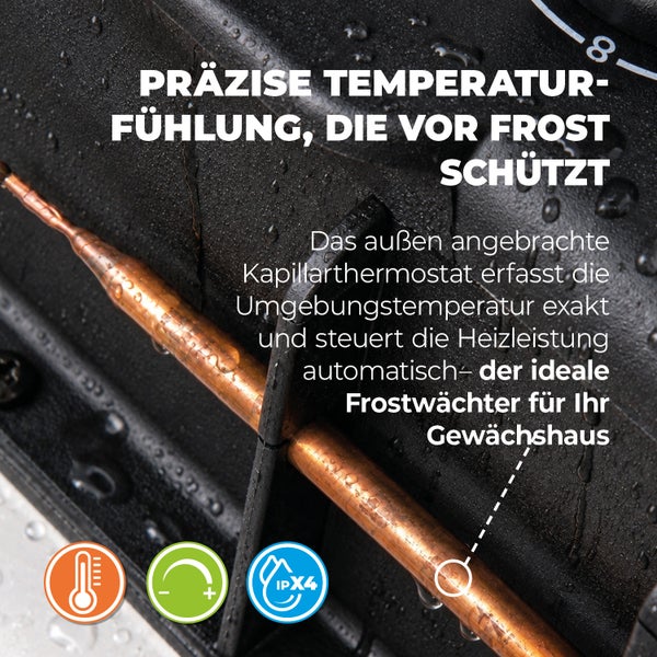 Kapillarthermostat zur präzisen Temperaturmessung und Frostüberwachung für Gewächshausheizungen mit IPX4 Schutzart.