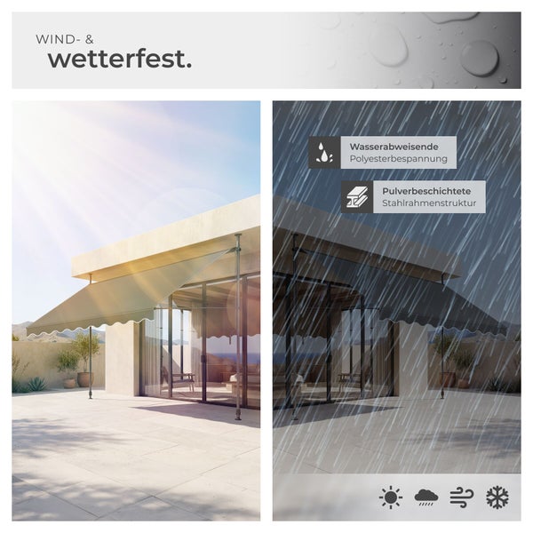 Geteiltes Bild einer wetterfesten Markise auf einer Terrasse bei Sonne und Regen. Wasserabweisender Polyesterstoff und pulverbeschichteter Stahlrahmen.