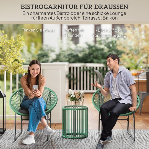 Outsunny Polyrattan Gartenmöbel Set, Outdoor Lounge Balkonmöbel für 2 Personen, 3-teilig Bistroset Sitzgruppe mit 2 Stühle, Beistelltisch, Kissen, wetterfest Gartenlounge für Garten, Balkon, Grün