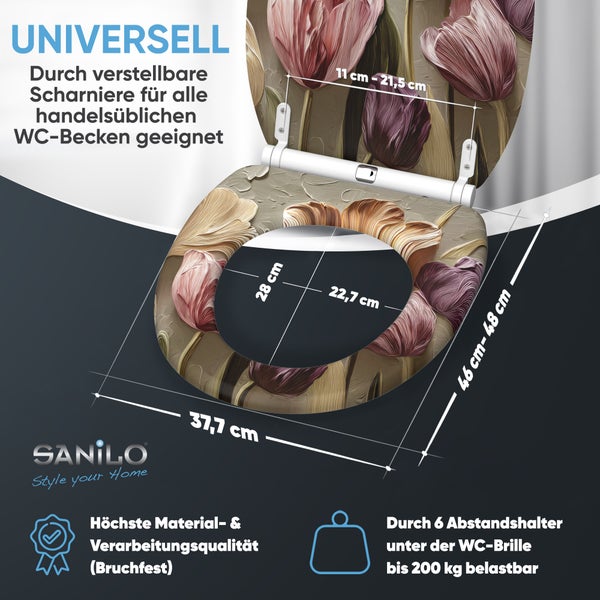 Sanilo WC-Sitz mit Tulpenmotiv, verstellbare Scharniere, bruchfestes Material, bis 200 Kilogramm belastbar mit 6 Abstandshaltern.