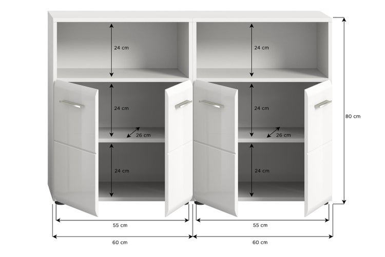 Weißes Sideboard mit Maßen: Höhe 80 Zentimeter, Breite 120 Zentimeter, Fachhöhe 24 Zentimeter und Tiefe 26 Zentimeter.