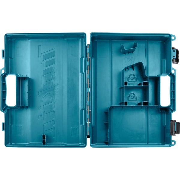 Geöffneter türkiser Makita Makpac Werkzeugkoffer aus Kunststoff mit Innenfächern und Makita Logo.