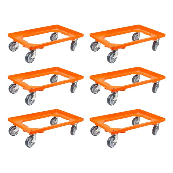 PROREGAL SparSet 6x Transportroller für Euroboxen 60 x 40 cm mit Gummiräder Orange Offenes Deck 2 Lenkrollen und 2 Bockrollen Traglast 300 kg