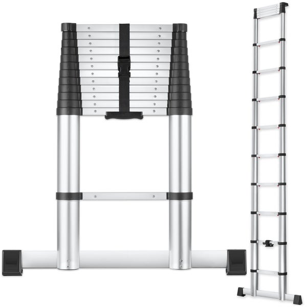 Teleskopleiter aus Aluminium, eingefahren und ausgefahren abgebildet, mit Stabilisierungstraverse.