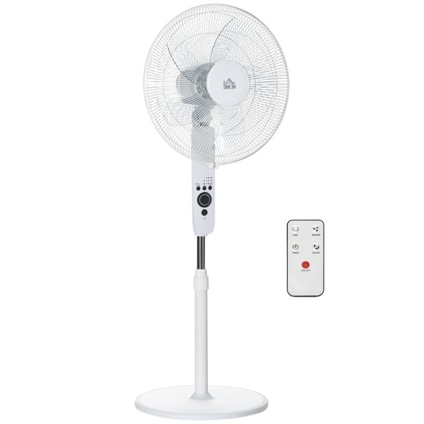 Weißer HOMCOM Standventilator mit Fernbedienung, höhenverstellbar, mit Timer und Oszillationsfunktion.