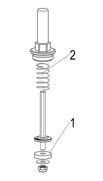 Explosionszeichnung einer Ventilbaugruppe mit Feder, Stange und Dichtungen, gekennzeichnet mit den Ziffern eins und zwei.