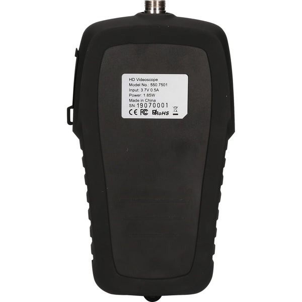 HD Videoskop Rückseite mit technischen Daten und Zertifizierungen