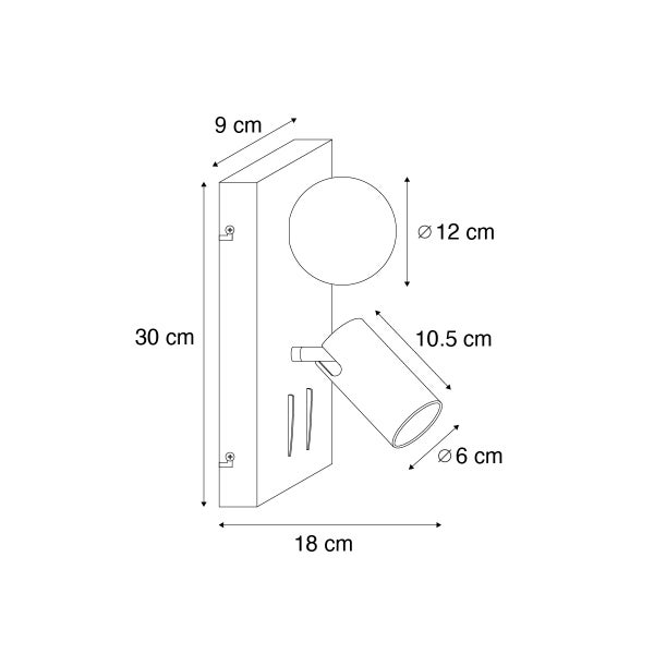 Technische Zeichnung einer Wandleuchte mit den Maßangaben 30 cm Höhe, 18 cm Breite und 9 cm Tiefe.