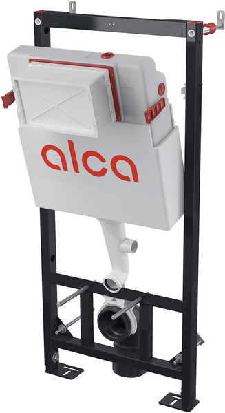 Alca Vorwandelement für Wand-Toiletten mit integriertem Unterputz-Spülkasten und schwarzem Montagerahmen aus Metall.
