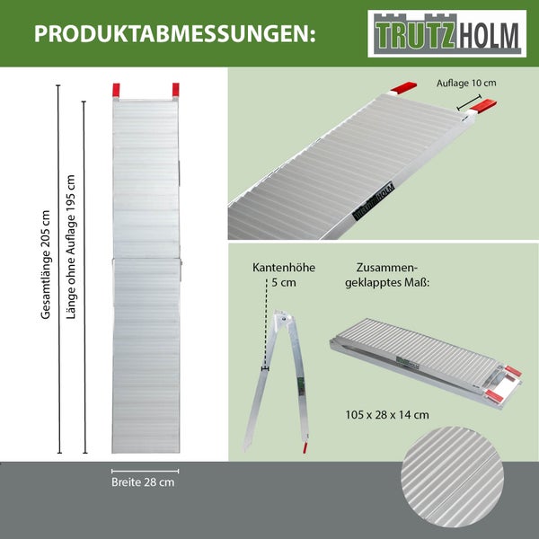 TRUTZHOLM 1 x Alu Auffahrrampe 205 cm 340 kg Tragkraft klappbar rutschhemmend gerillt Verladerampe