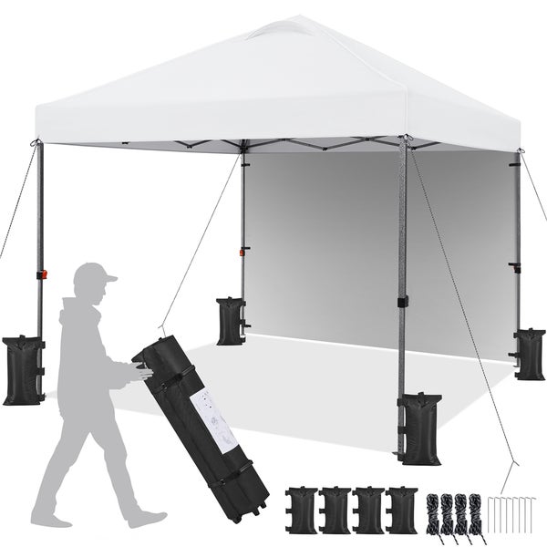 Weißes Faltzelt mit Zubehör wie Sandsäcken, Heringen und Spannseilen