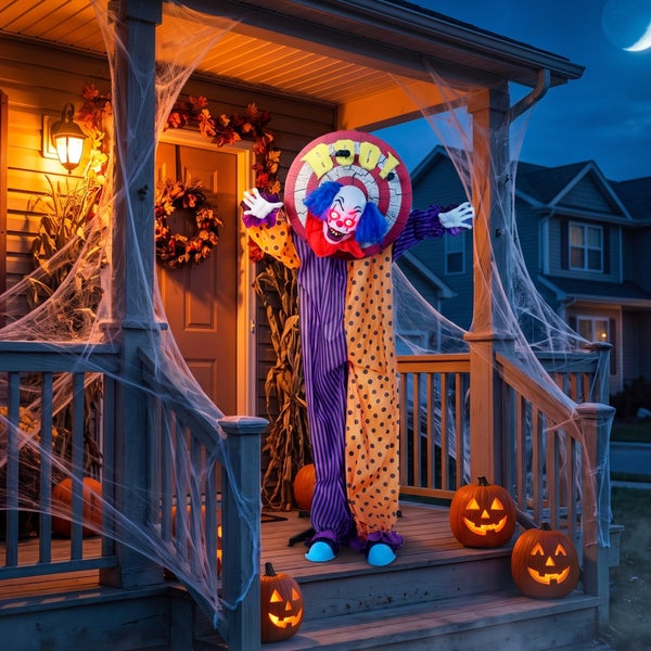 Animierte Halloween Clown Dekofigur mit leuchtenden Augen und Boo Schild auf einer verkleideten Hausveranda mit künstlichen Spinnweben und Kürbissen.