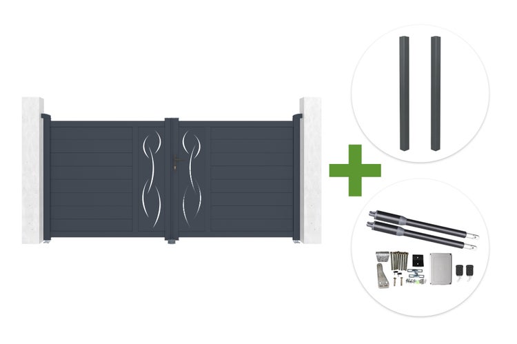 Zweiflügeliges Einfahrtstor aus Aluminium in Anthrazit mit dekorativem Muster, inklusive zwei Pfosten und elektrischem Torantrieb-Set.