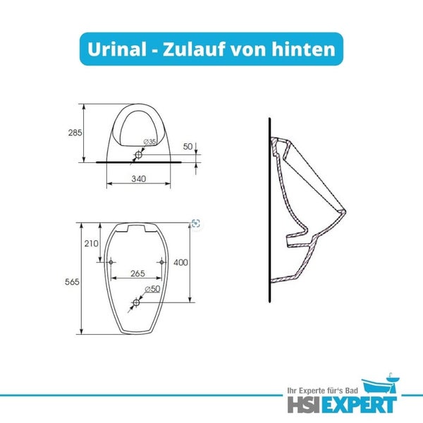 Technische Zeichnung eines Urinals mit Zulauf von hinten und Maßangaben